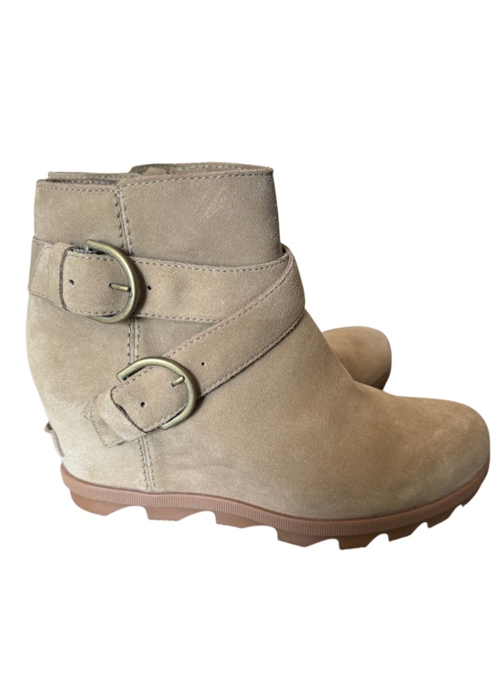 Sorel Joan of Arctic Tan Suede Ankle Boots with Buckle Strap-Size 9.5 Like New